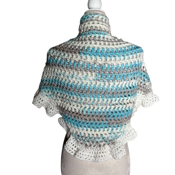 Handmade Blue Grey White Crochet Knit Shawl Wrap With Ruffled Edges Soft NEW - Picture 3 of 5